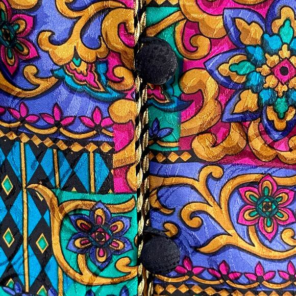 Adrianna Papell VTG Vibrant Jewel Tone Multicolor 100% Silk Print Blazer Sz 14P - Picture 5 of 7